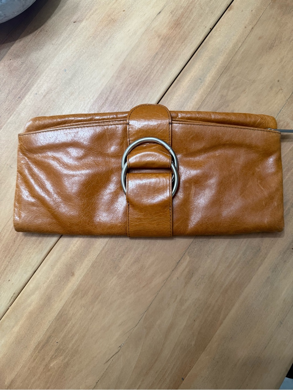 HOBO Cognac Leather Clutch with Silver Ring Detail